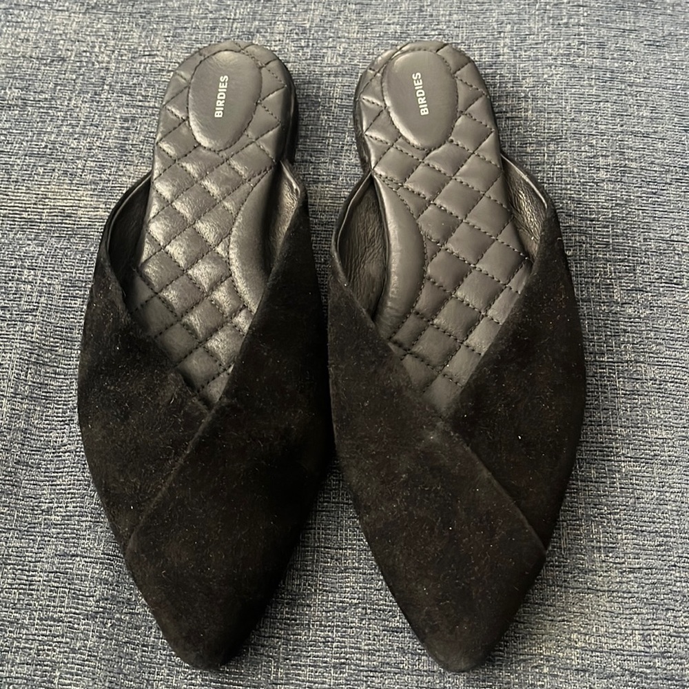 BIRDIES The Swan black suede pointed mules 11
